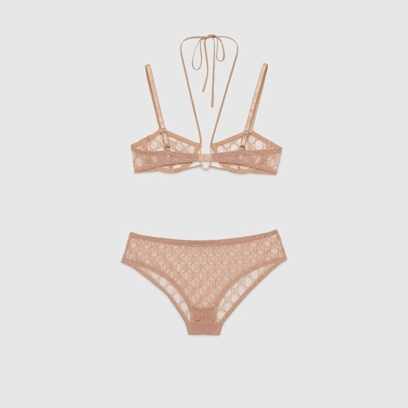 NWT GUCCI LINGERIE SET PINK GG TULLE LACE BOWS NECK AROUND HALTER BRA SET - Picture 2 of 10